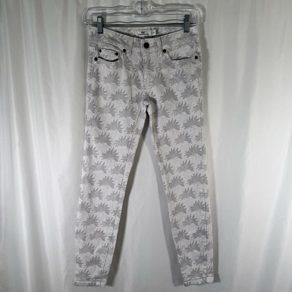 Vineyard Vines Pants Women 00 White Grey Floral Pockets Button Zip Cotton Blend